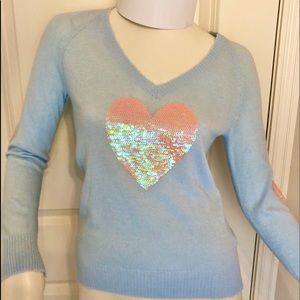 Wildfox Happy Hearts V-neck Sweater Blue/Sequins M
